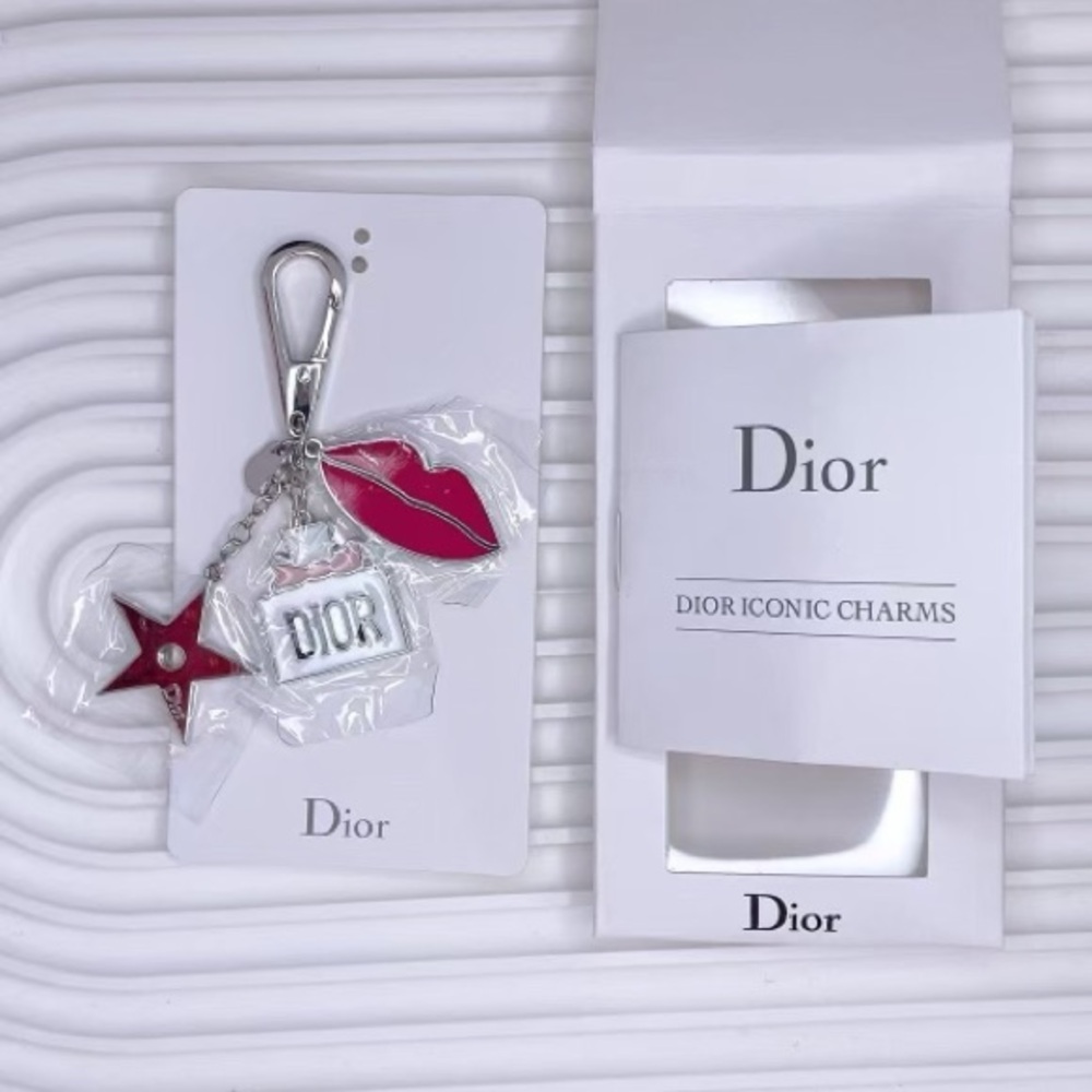 Dior Pink Lips & Star Silver Charm Keychain